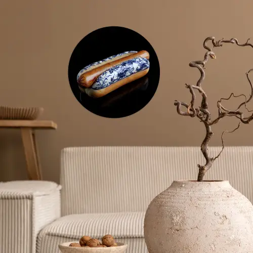 Hotdog - Porselein - Delfts blauw - Eten Wandcirkel behangsticker klein -sfeer1