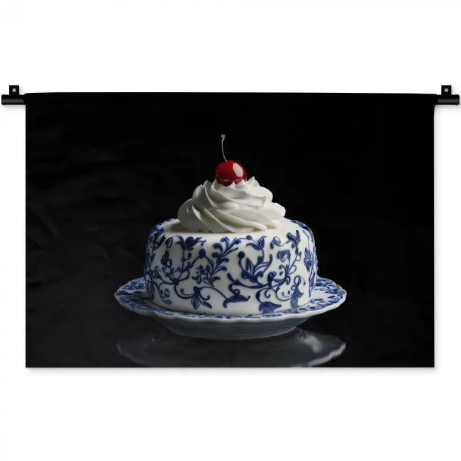 Taart - Slagroom - Kers - Bord - Delfts blauw Wandkleed katoen klein -zz3d