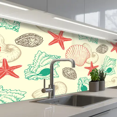 Schelpen - Zeester - Strand - Vintage - Patroon keuken achterwand 2 middel 871 -3d_schuin
