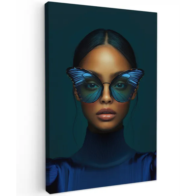 Vrouw - Vlinder - Bril - Blauw - Modern - Portret Tuinposter op houten frame 2 cm dik klein -3d