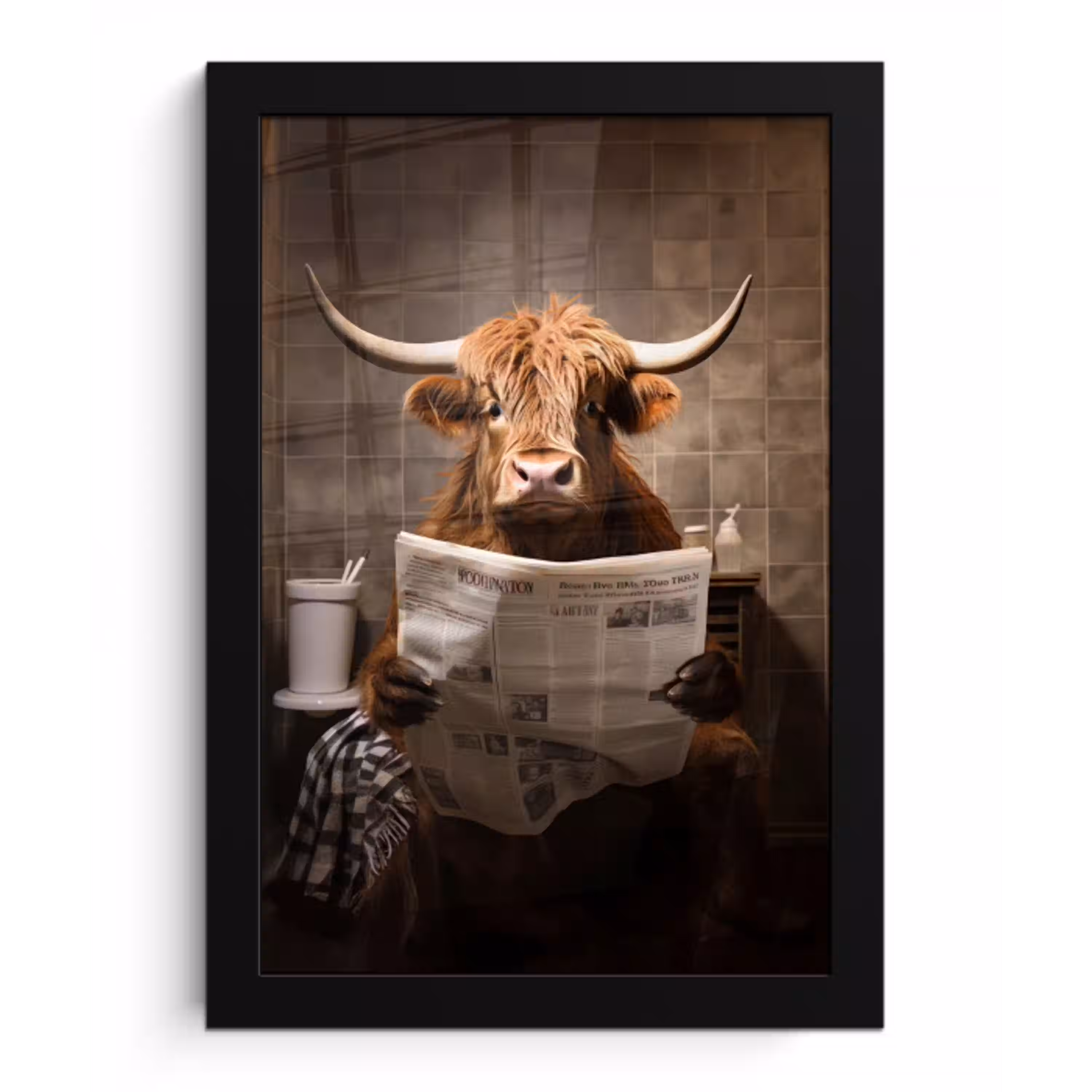 Schotse hooglander - Krant - Toilet fotolijst zwart zonder passe partout klein -3d