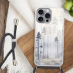 Bos - Bomen - Mist - Natuur - Illustratie - Grijs Hoesje iPhone 16 Pro Max met koord klein -sfeer4