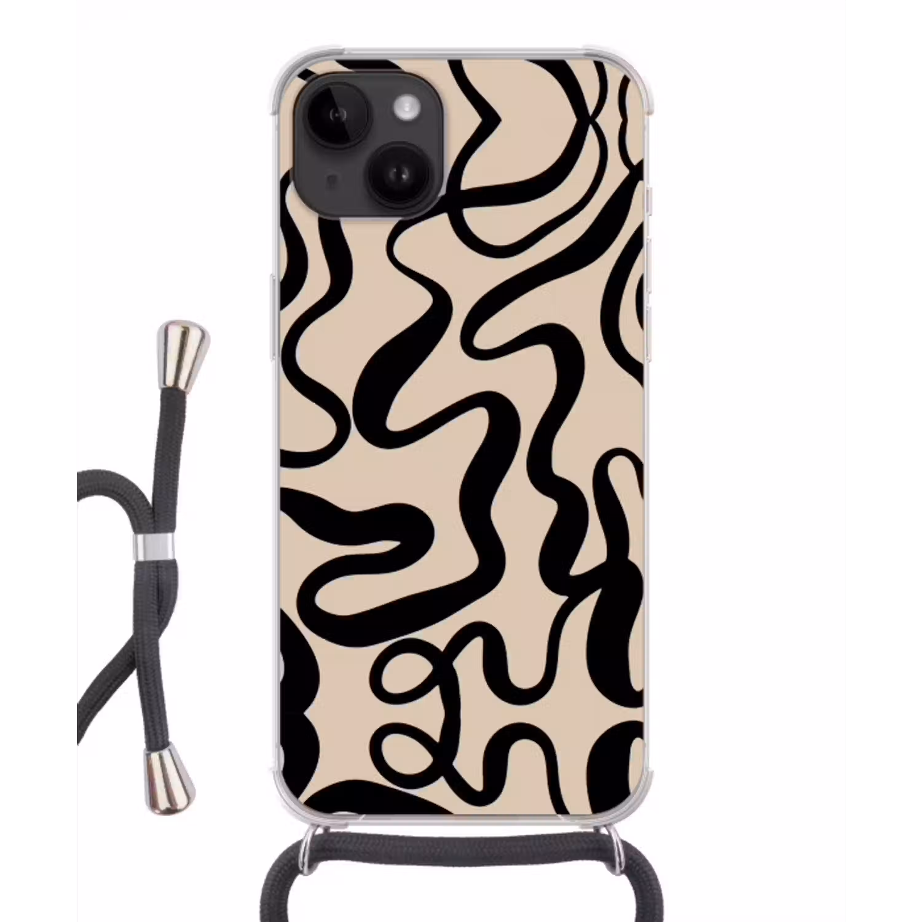 Lijnen - Zwart - Beige - Abstract - Minimalistisch Crossbody Case iPhone 14 middel -3d