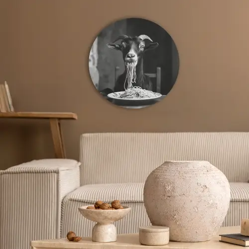 Geit - Bord - Spaghetti - Zwart Wit Akoestische PET Vilt - Rond klein -sfeer1