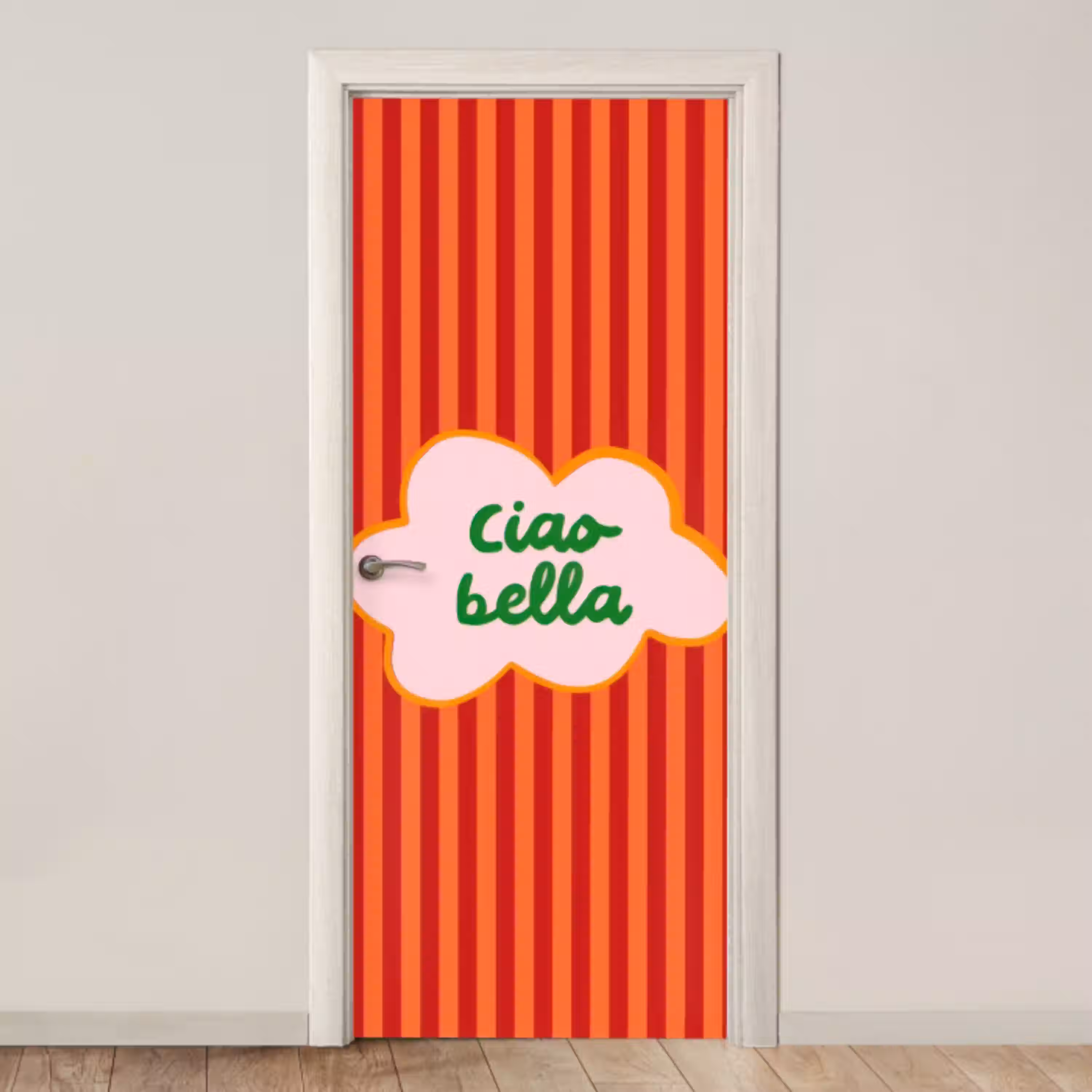 Ciao bella - Tekstwolk - Strepen - Oranje deurposter klein -3d_beige