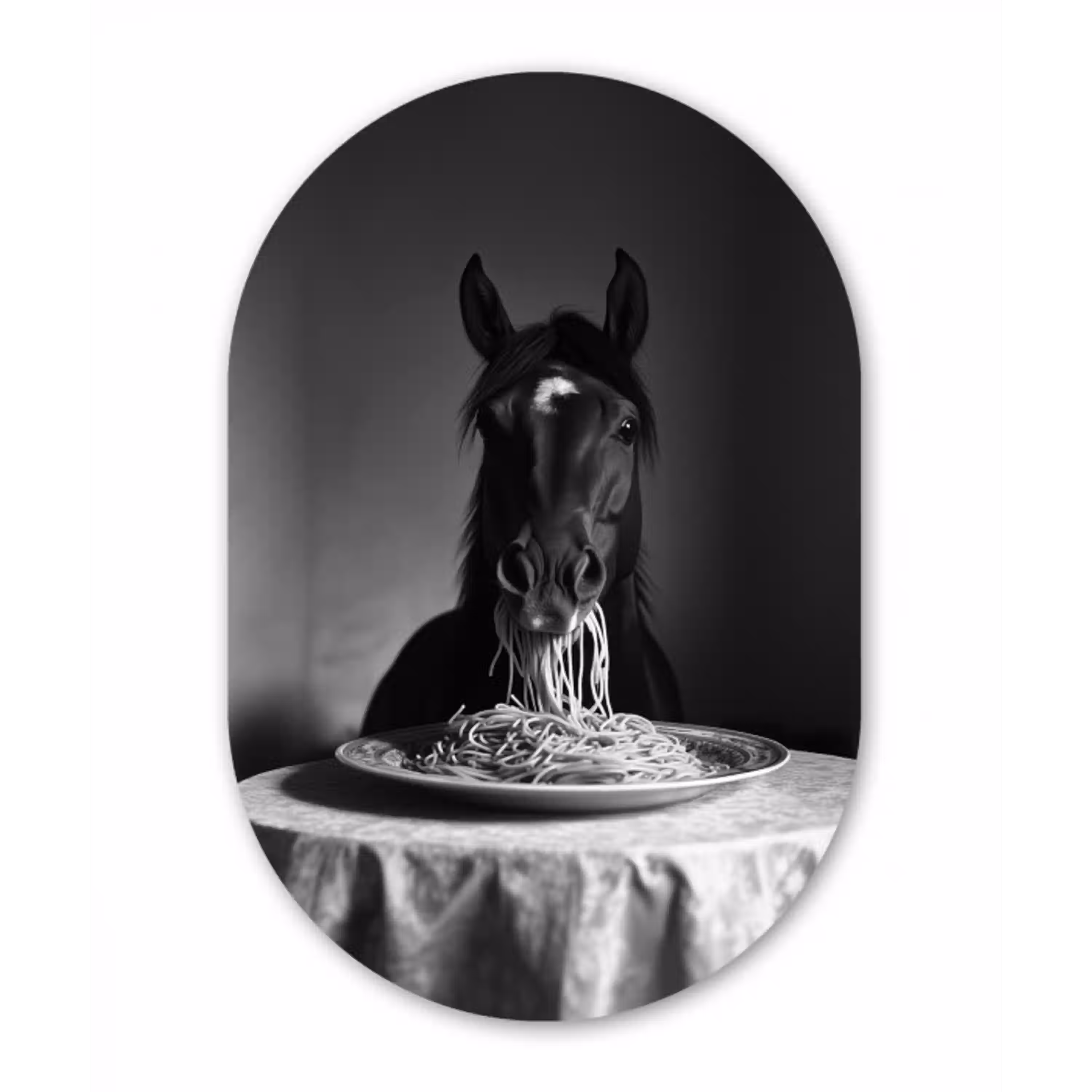 Paard - Bord - Pasta - Tafelkleed - Zwart Wit - Dieren Wandcirkel Ovaal Aluminium middel -3d