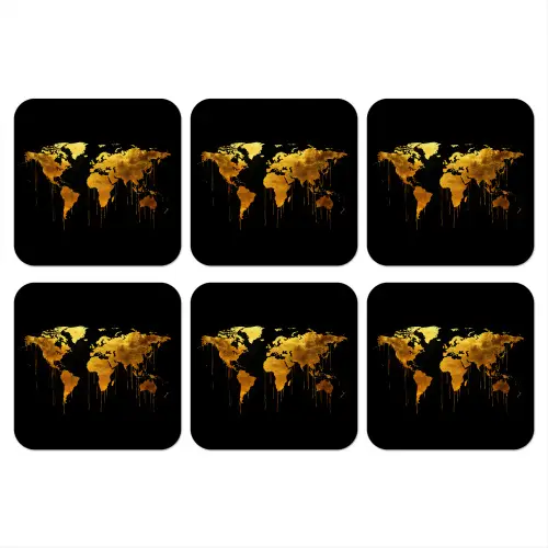 Wereldkaart - Goud - Druipen - Zwart onderzetter kurk middel -3d