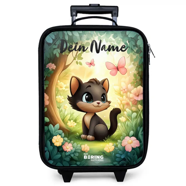 Kinderkoffer mit Name - Katze - Schmetterling - Blumen