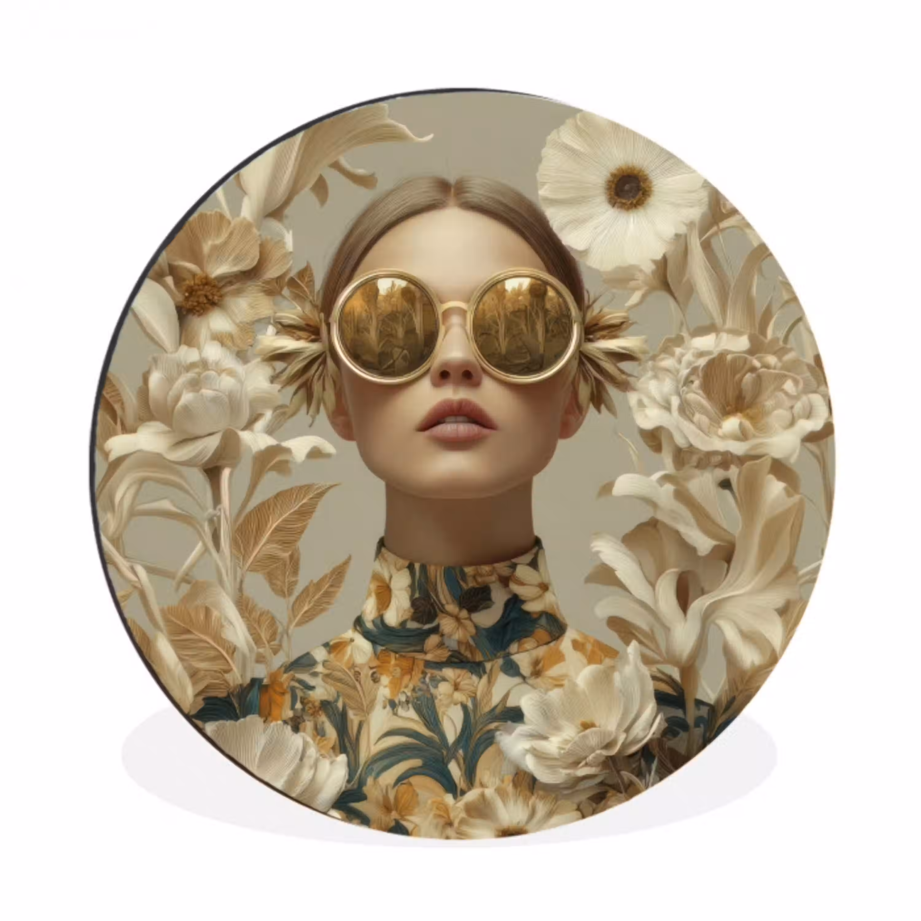 Vrouw - Bloemen - Zonnebril - Wit Wandcirkel aluminium klein -3d