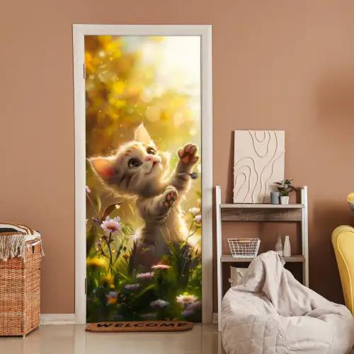 Kitten - Dier - Natuur - Bloemen deurposter klein -sfeer1