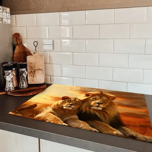 Leeuwen - Zonsondergang - Afrika - Savanne - Dieren Inductie beschermer vinyl 3mm klein -sfeer3