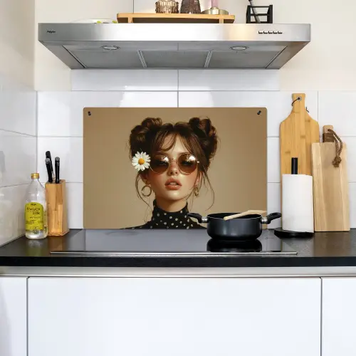 Vrouw - Beige - Bloem - Modern - Portret Inductie beschemer met haakjes klein -sfeer2