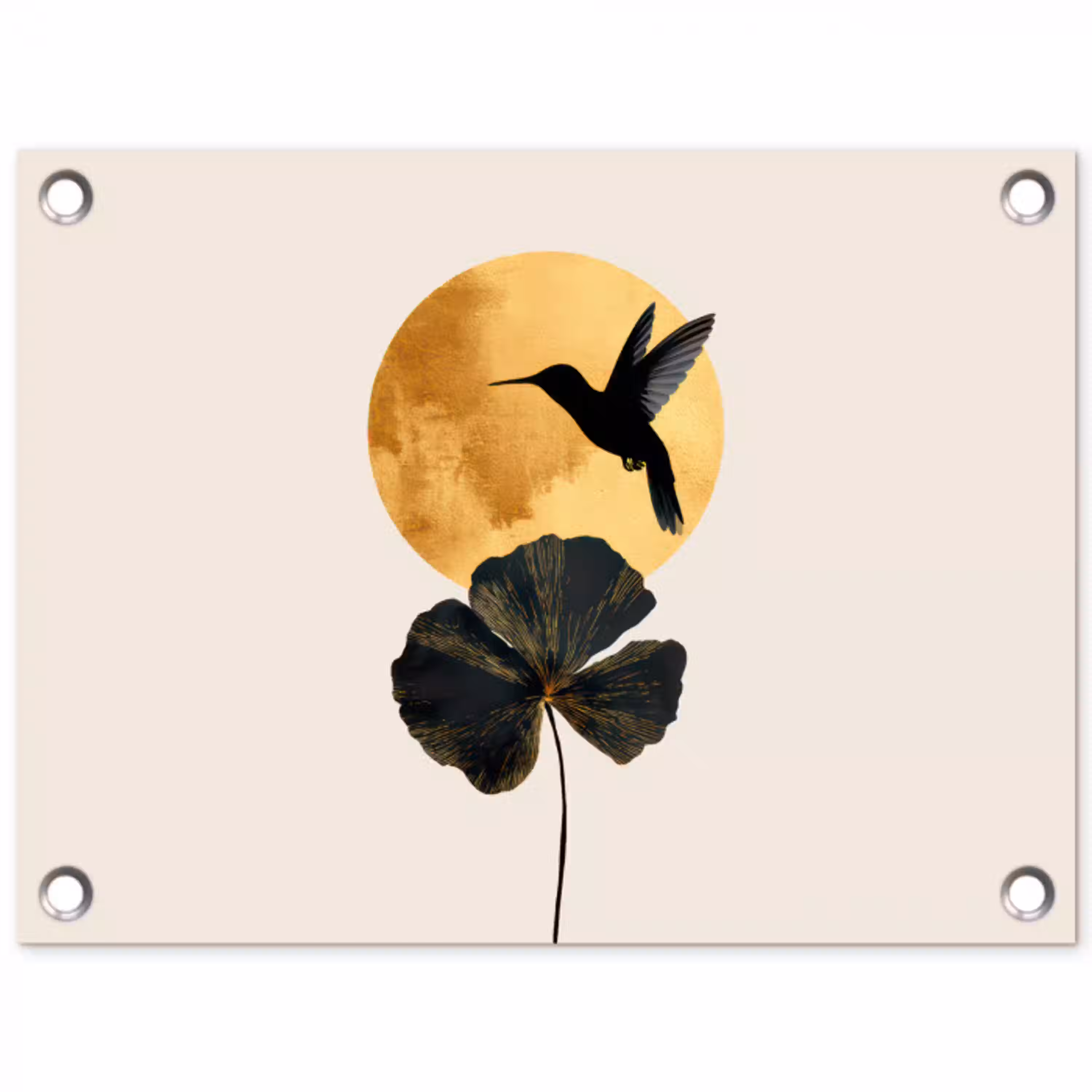 Zwarte kolibrie - Bloem - Gouden cirkel tuinposter los doek klein -3d