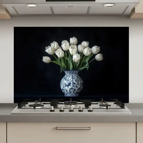 Wit - Bloemen - Tulpen - Vaas keuken achterwand spatscherm klein -3d_website