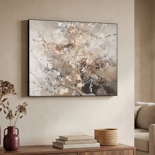 Amandelbloesem - Kunst - Van Gogh - Beige - Abstract Textielframe zwart klein -sfeer3