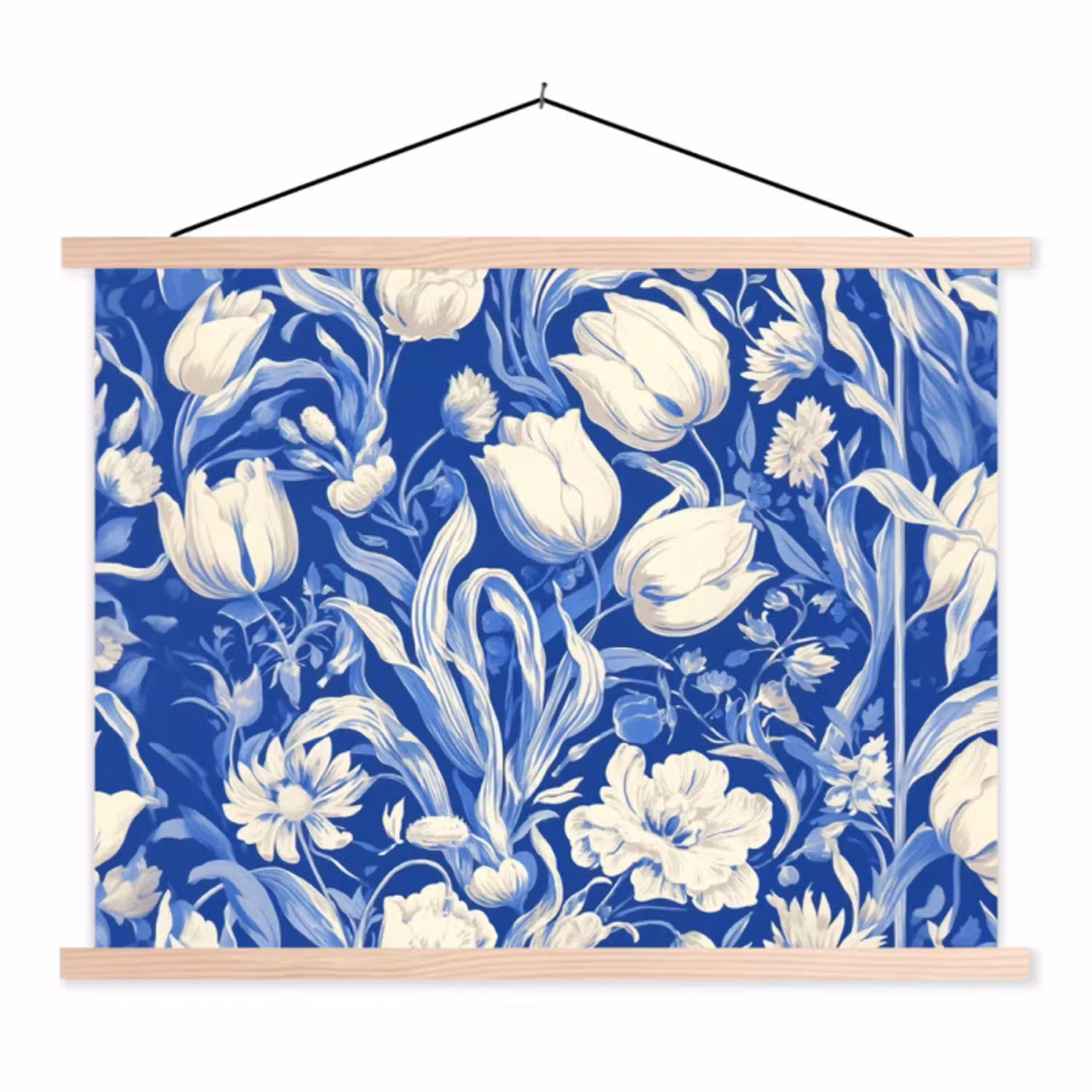 Bloemen - Delfts Blauw - Patroon - Tulp textielposter latten blank klein -3d