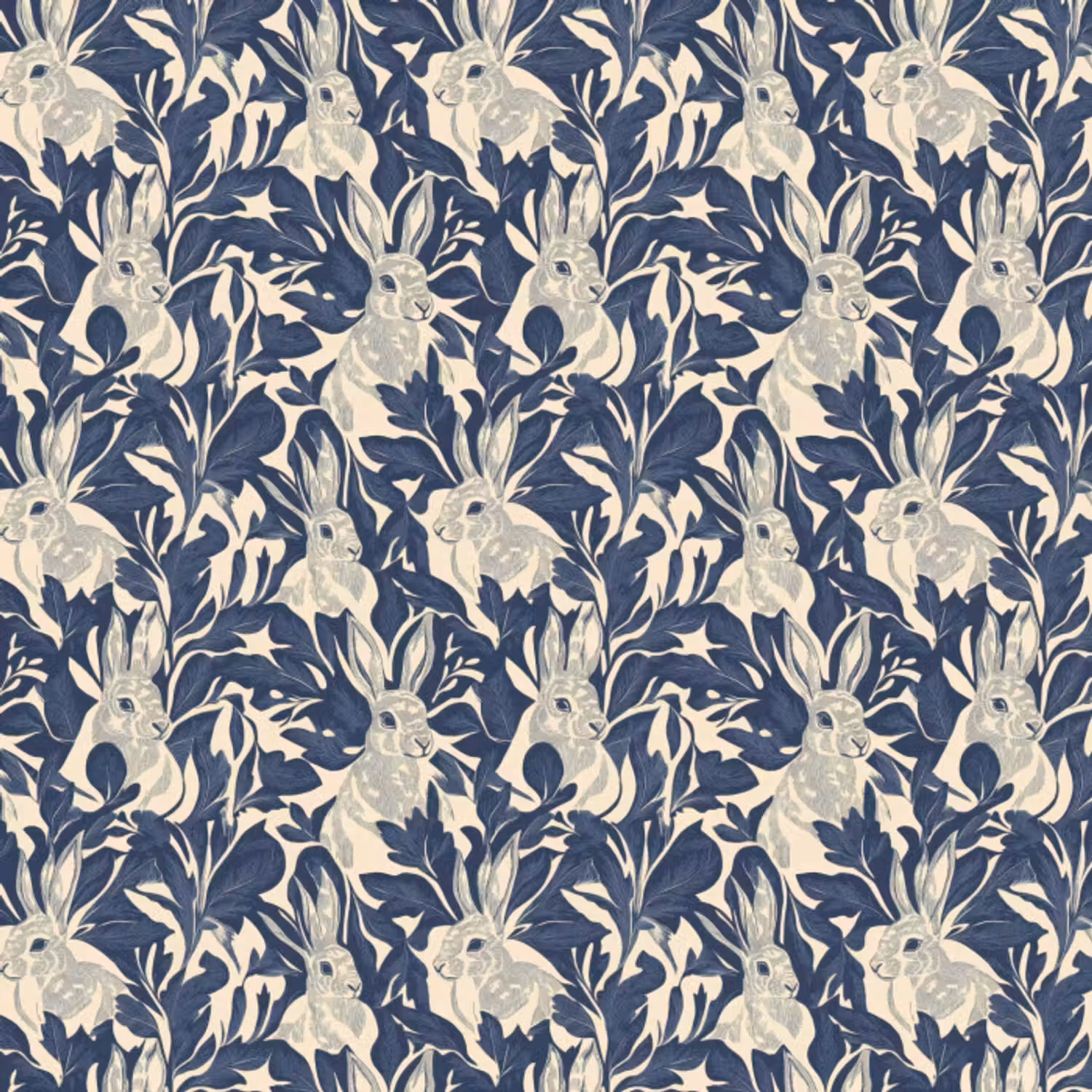 Tapete - Hasen - Blätter - Muster - Blau - Beige
