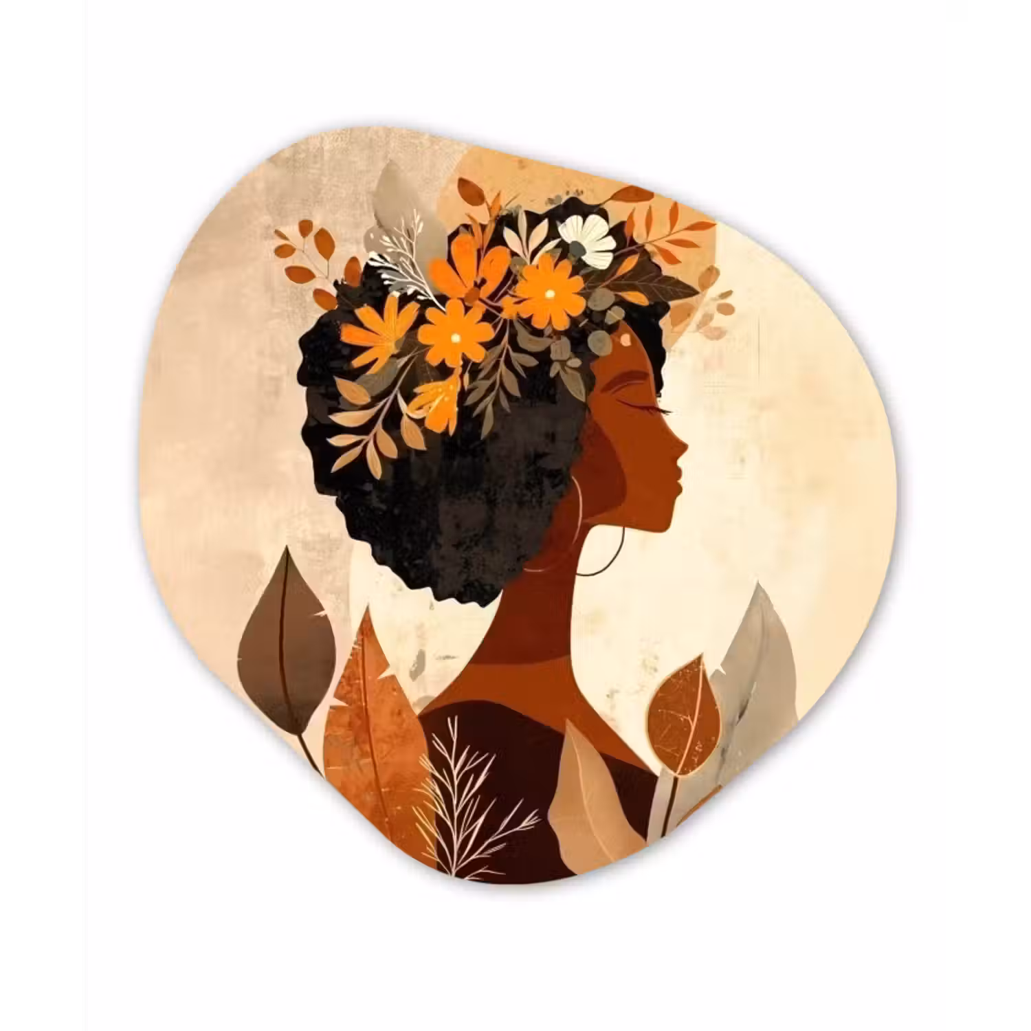 Organisch schilderij – Vrouw - Krullen - Bloemen - Beige