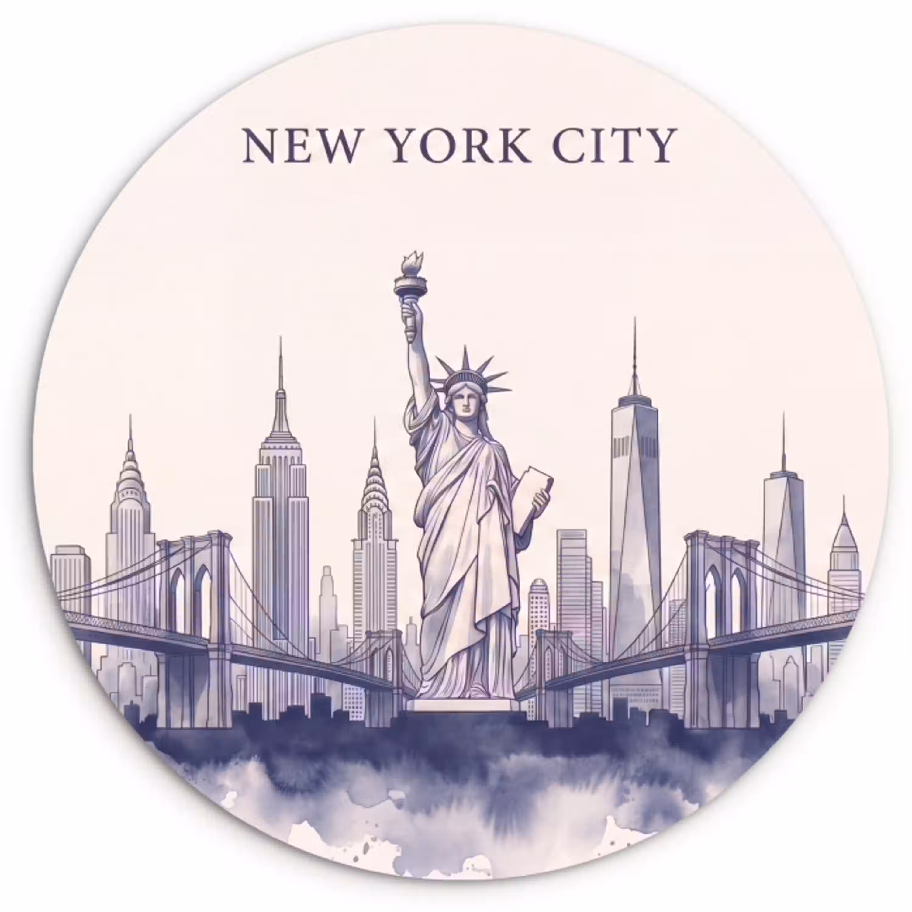 New York - Vrijheidsbeeld - Skyline - Illustratie - Blauw Wandcirkel kunststof plaat 5mm dik klein -3d