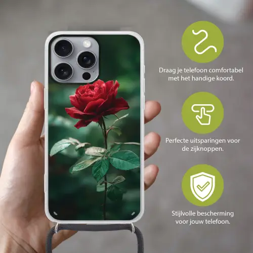 Roos - Bladeren - Dieprood Hoesje iPhone 16 Pro Max met koord klein -sfeer2_NL
