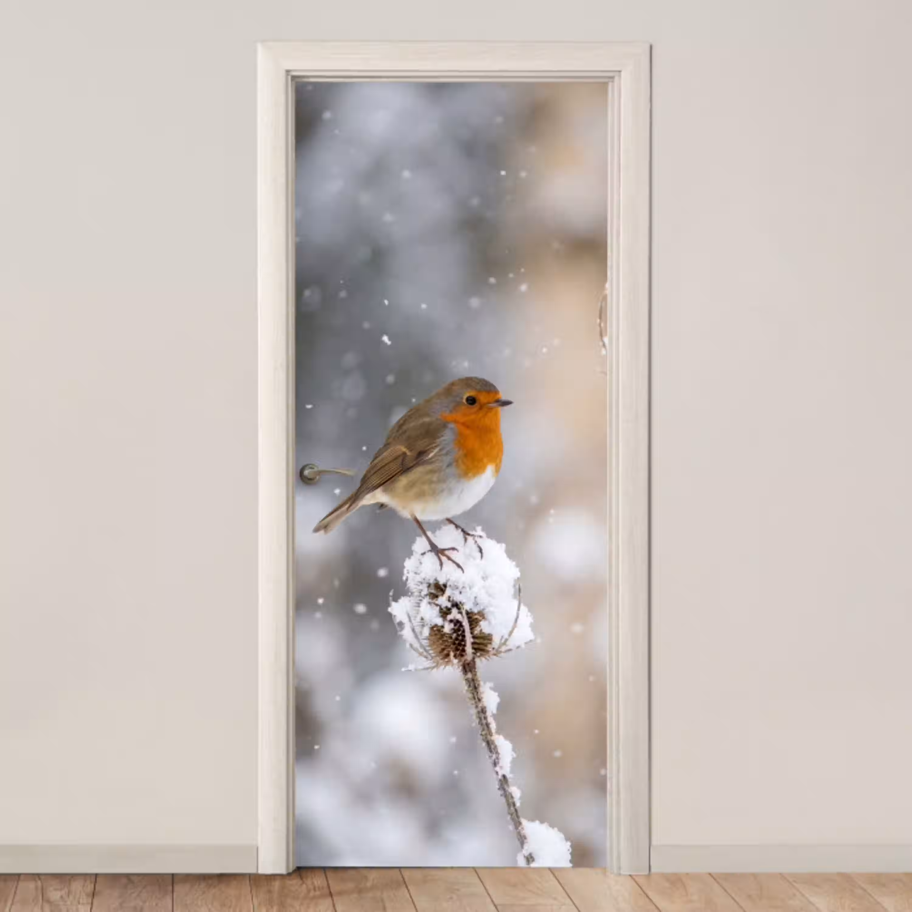 Roodborstje - Gedroogde bloem - Sneeuw - Winter - Vertederend deurposter klein -3d_beige
