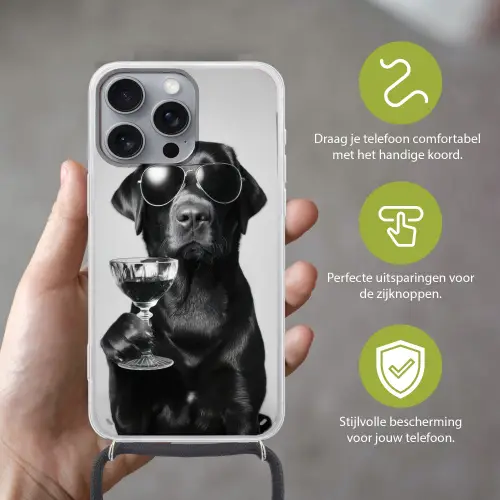 Hond - Zwart - Wijnglas - Zonnebril Hoesje iPhone 16 Pro Max met koord klein -sfeer2_NL