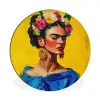 Frida Kahlo - Vrouw - Geel - Blauw - Bloemen Wandcirkel aluminium klein -3d
