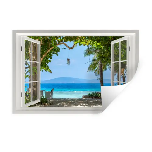 Doorkijk - Boom - Zee - Palmboom - Heuvels - Strand - Blauw Muursticker klein -3d