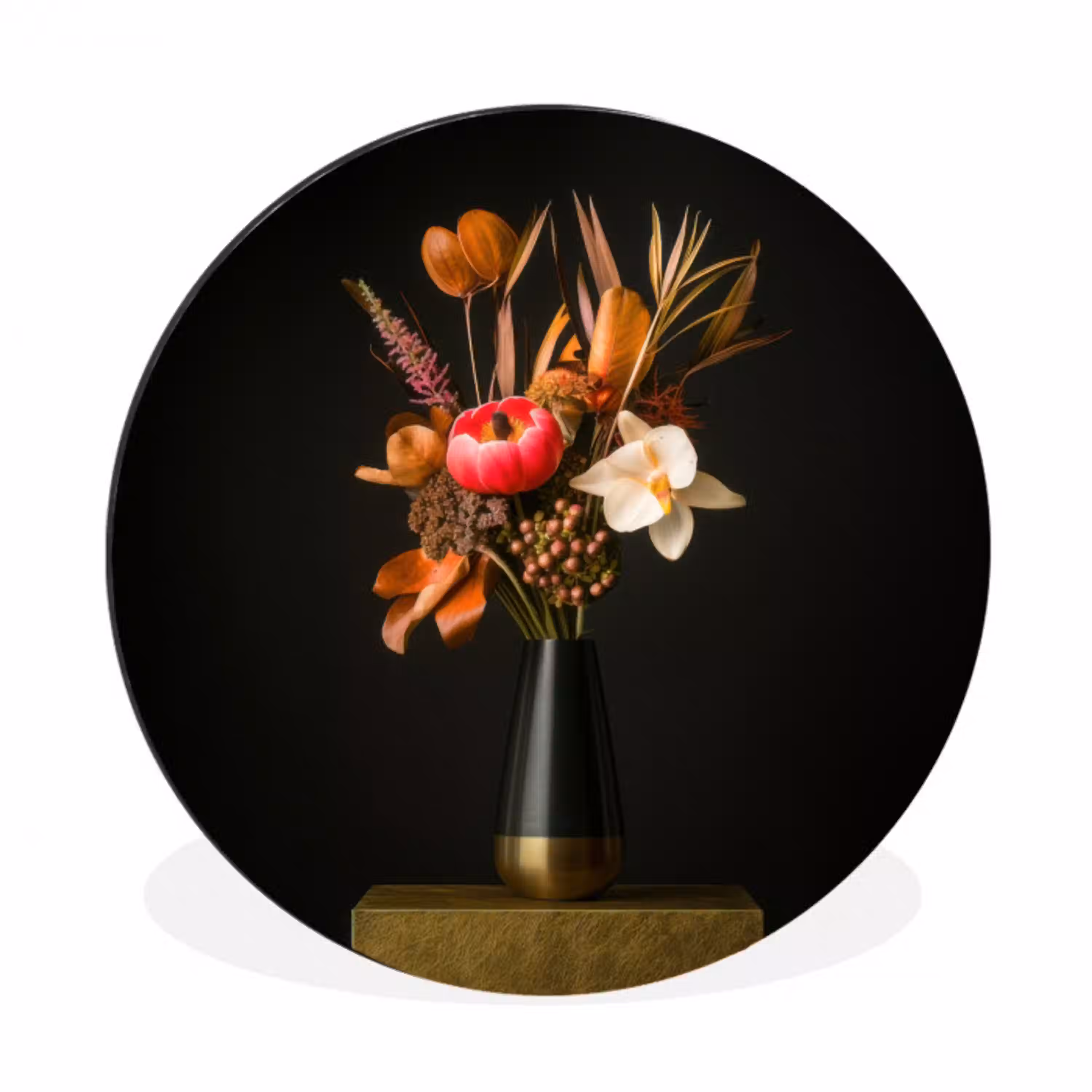 Boeket - Oranje - Gouden - vaas Wandcirkel aluminium klein -3d