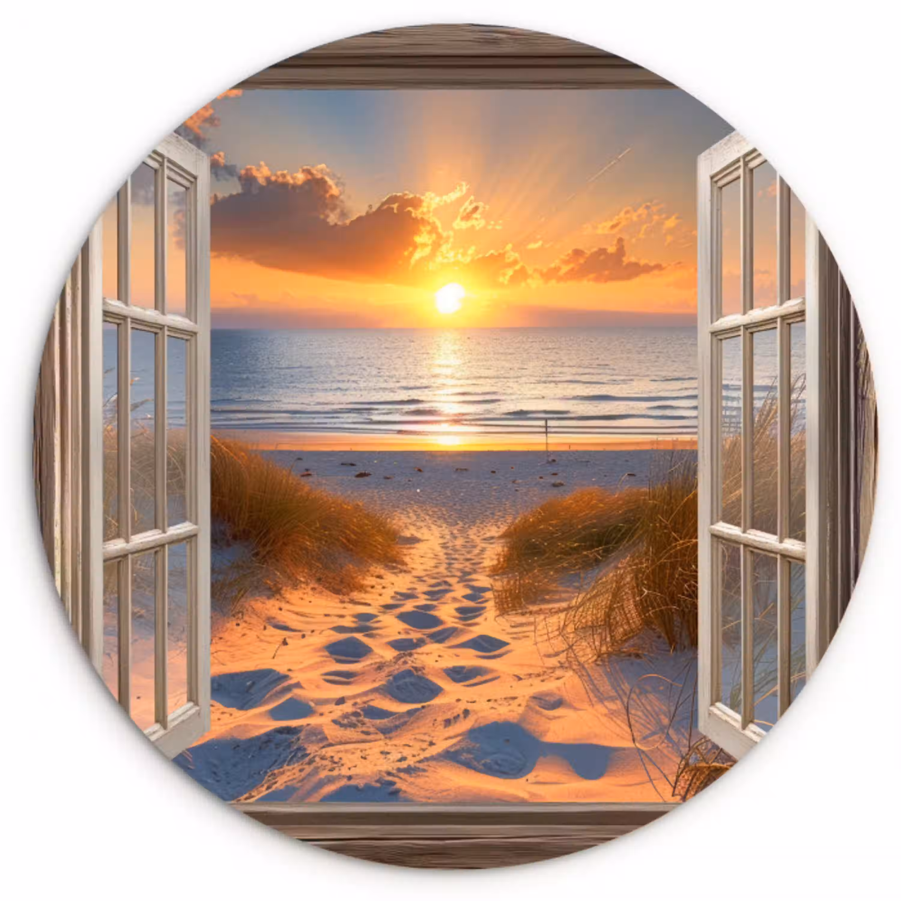 Doorkijk - Strand - Duinen - Zonsondergang Wandcirkel plexiglas klein -3d