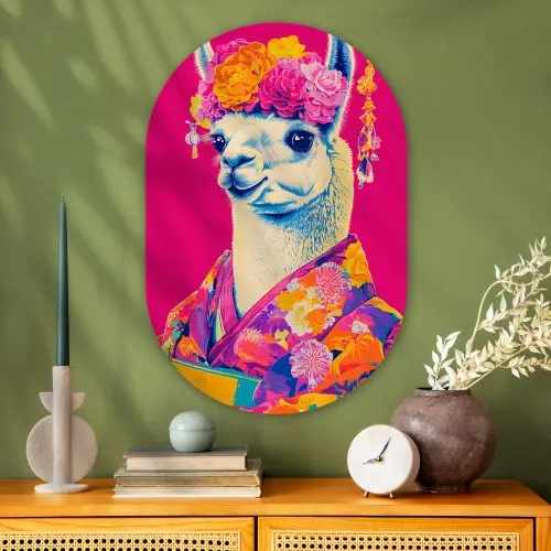 Lama - Kimono - Bloemenkrans - Felroze Wandcirkel Ovaal Glas middel -sfeer2