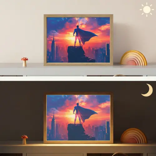 Superheld - Stad - Jongens - Kleurrijk - Zon Light Box met batterij (Wandlamp kind) middel -sfeer3_kind
