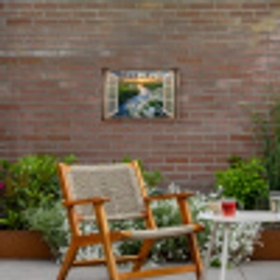 Doorkijk - Landschap - Raam - Water - Zonsondergang Tuinposter op houten frame 2 cm dik klein -sfeer3