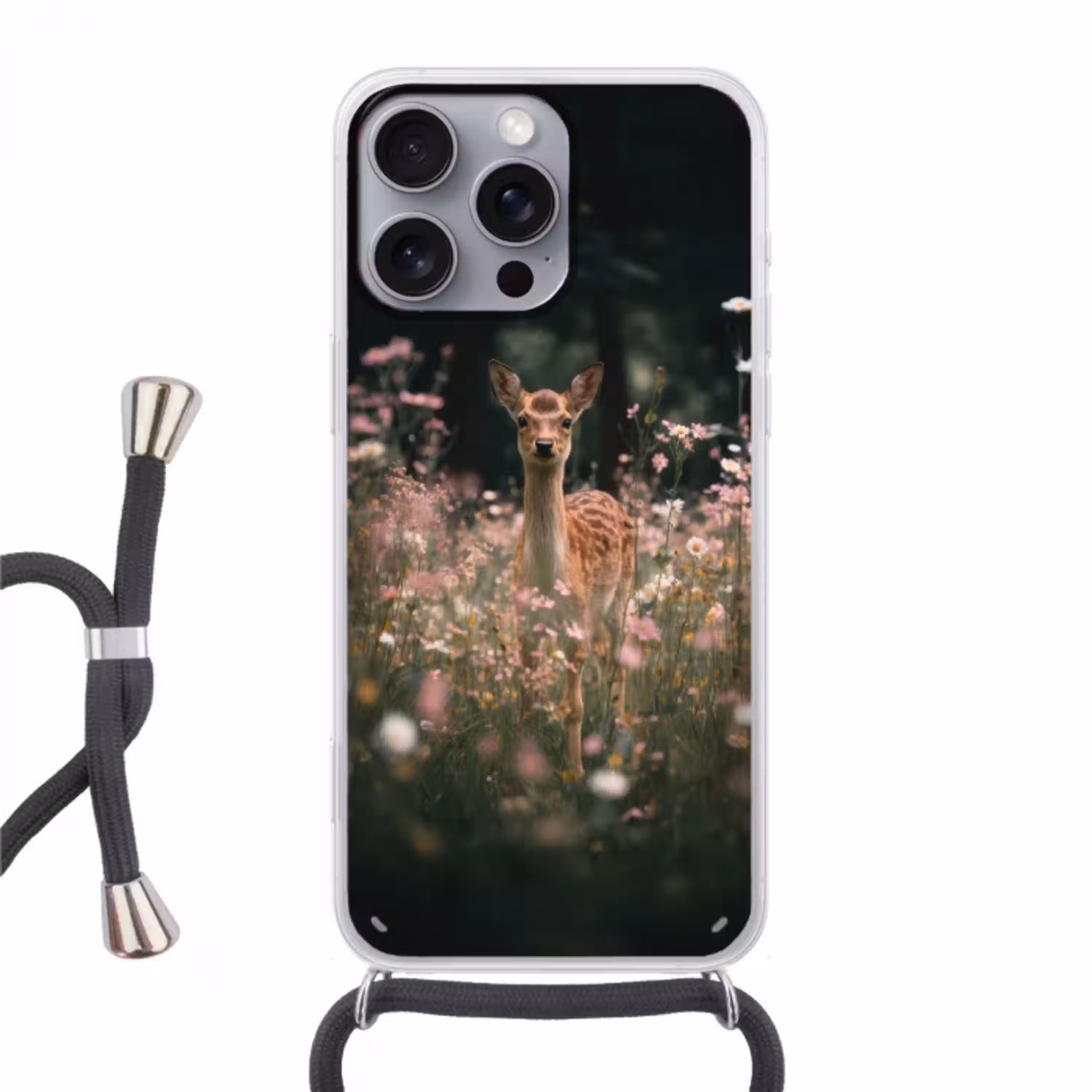 Hert - Wilde bloemen - Bos Hoesje iPhone 16 Pro Max met koord klein -3d