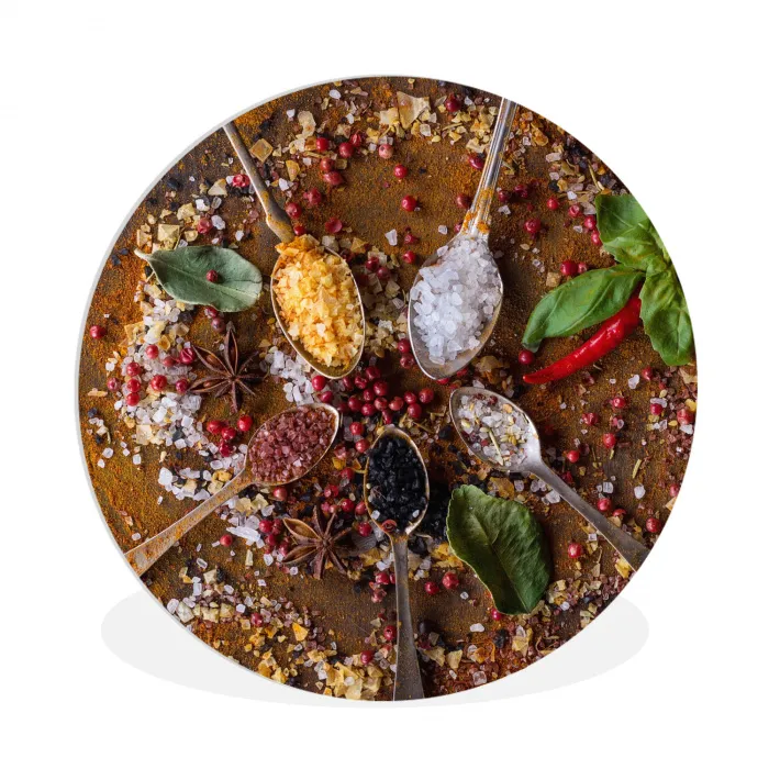 Specerijen - Kruiden - Lepels - Zout - Bruin - Keuken Wandcirkel kunststof plaat 5mm dik klein -3d