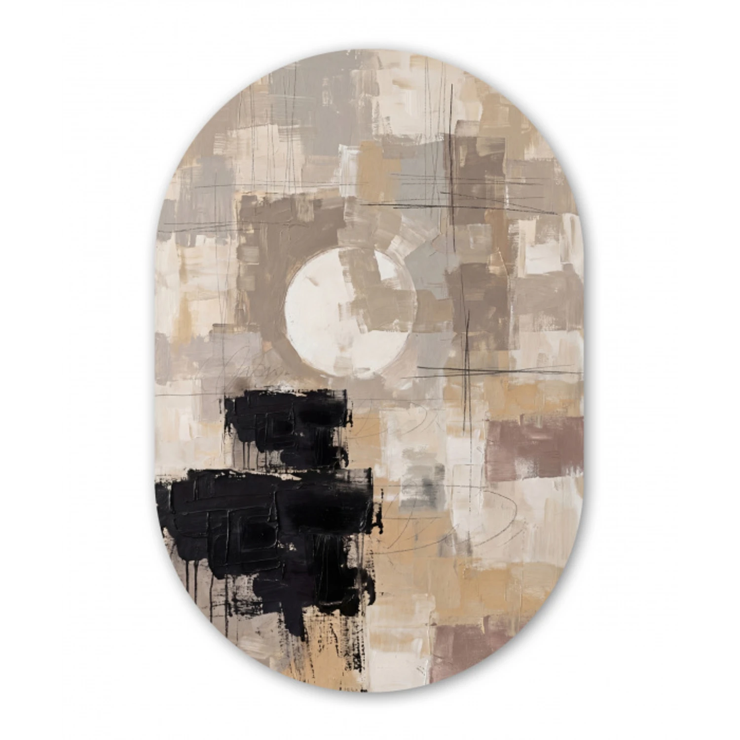 Abstract - Cirkel - Modern - Beige - Zwart - Minimalistisch Wandcirkel Ovaal Aluminium middel -3d
