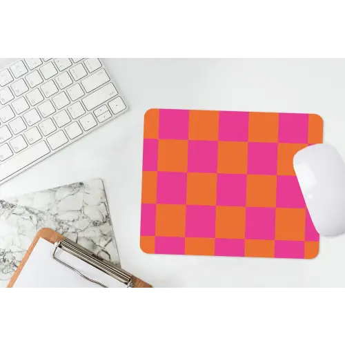 Schaakbord print - Oranje - Roze - Blokjes muismat rubber klein -witbureau