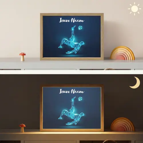 Voetballer - Blauw - Neon Light Box met batterij (Wandlamp kind) middel -sfeer3_kind