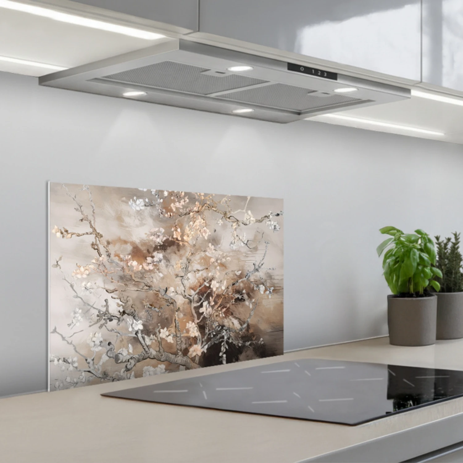 Amandelbloesem - Kunst - Van Gogh - Beige - Abstract keuken achterwand spatscherm klein -3d_schuin
