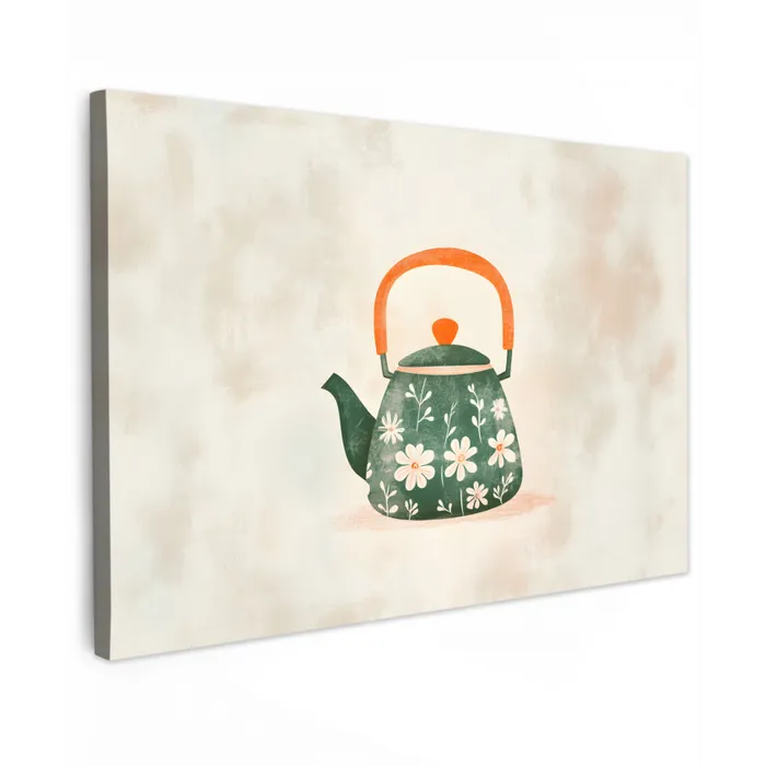 Theepot - Groen - Bloemen - Oranje Tuinposter op houten frame 2 cm dik klein -3d