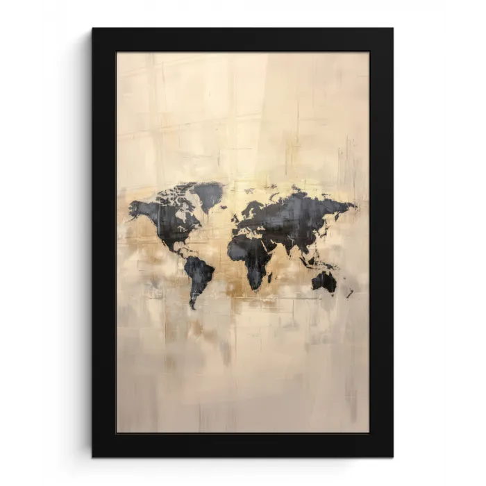 Wereldkaart - Goud - Zwart - Abstract fotolijst zwart zonder passe partout klein -3d