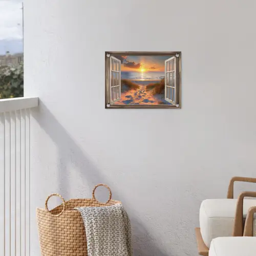 Doorkijk - Strand - Duinen - Zonsondergang tuinposter los doek klein -sfeer8
