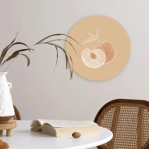 Perzik - Lijntekening - Pit - Beige Wandcirkel kunststof plaat 5mm dik klein -sfeer4