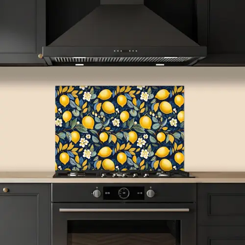 Citroenen - Bloemen - Bladeren - Blauw keuken achterwand spatscherm klein 900 -sfeer1