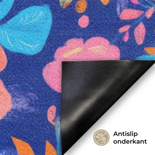 Bloemen - Blauw - Roze Deurmat klein -antislip_NL