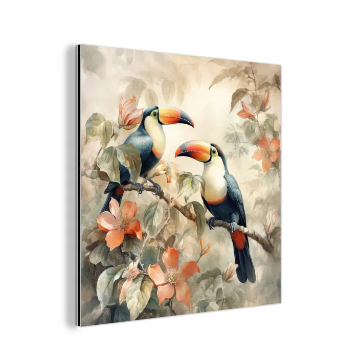 Toekan - Vogels - Bloemen - Tak aluminium wit klein -3d