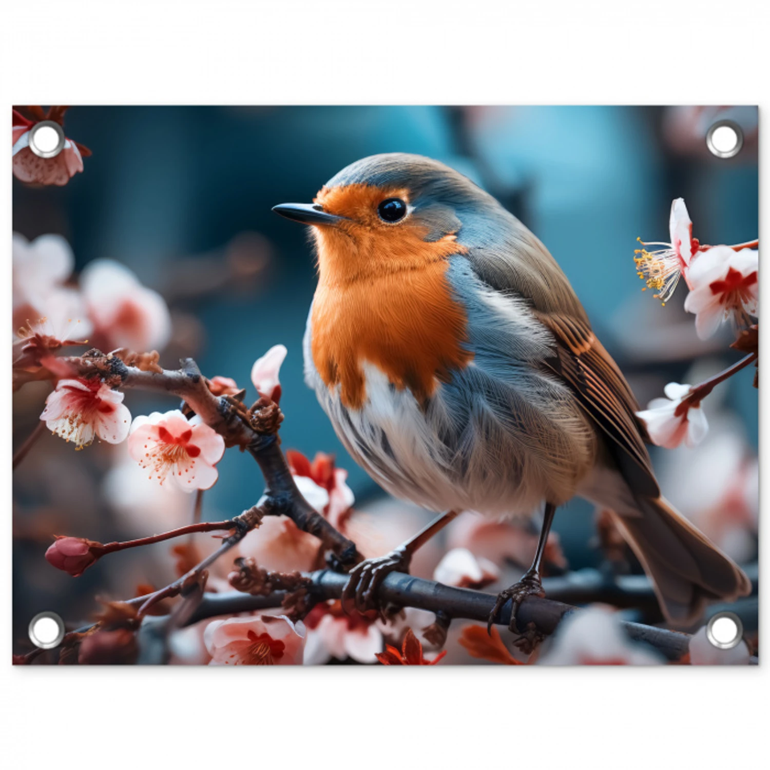 Roodborstje tussen de Bloesems tuinposter los doek klein -3d