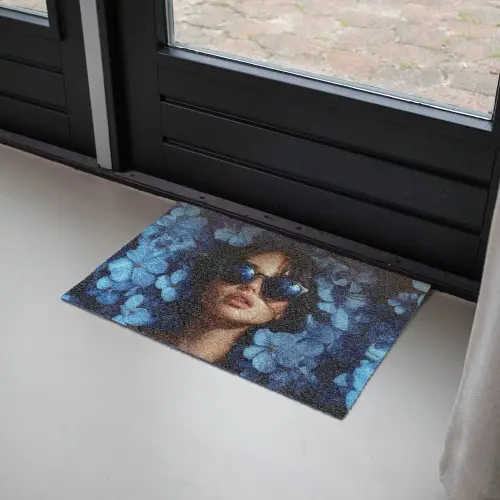 Vrouw - Blauw - Bloemen - Vlinders - Natuur Deurmat klein -sfeer2