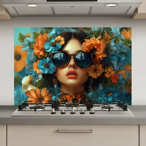 Vrouw - Bloemen - Oranje - Blauw - Modern keuken achterwand spatscherm klein -3d_website