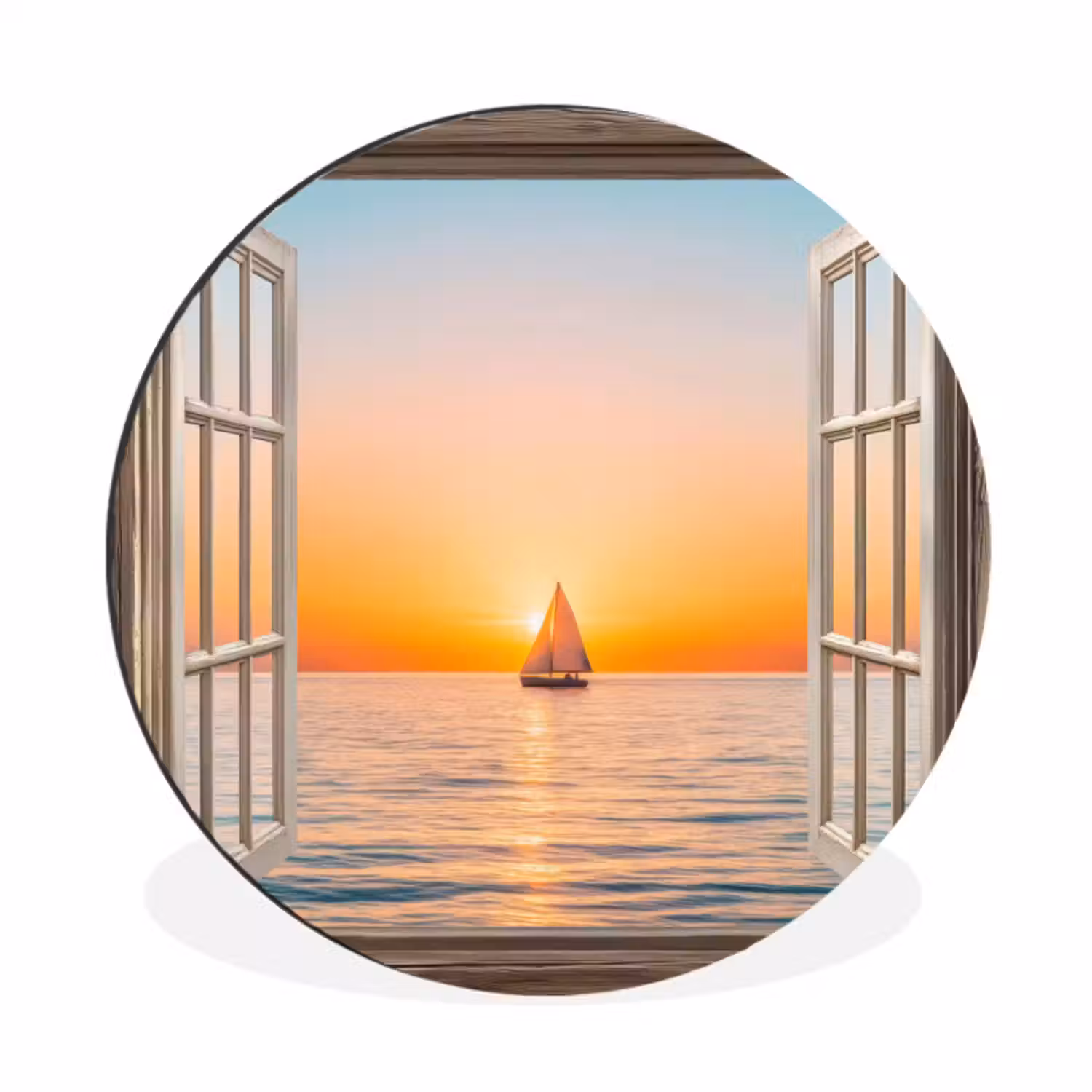Wandcirkel - aluminium - Doorkijk - Zee - Boot - Zonsondergang